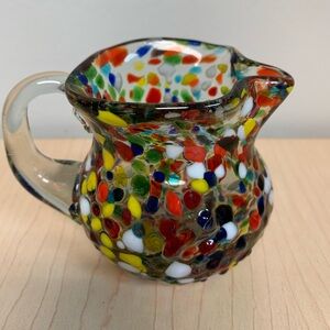 Small Mexican Hand Blown Confetti Pebble Glass Pitcher. Approx 3”x3”.